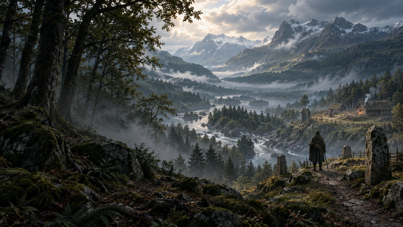Concept illustration of a traveller overlooking an unfamiliar valley and a small timber foothold