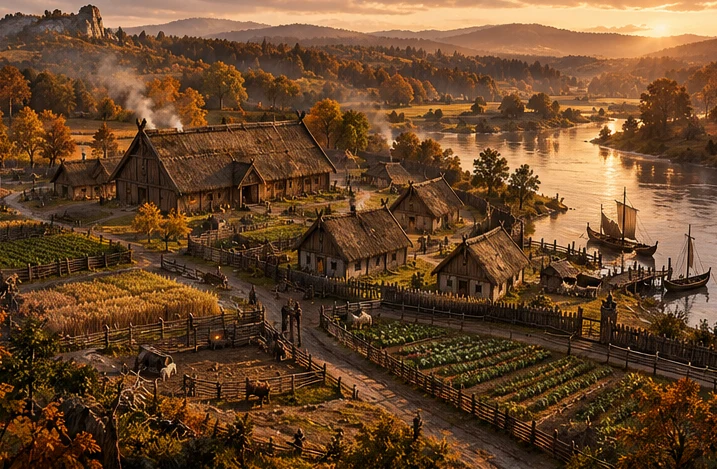 Concept illustration of a settlement beside a river