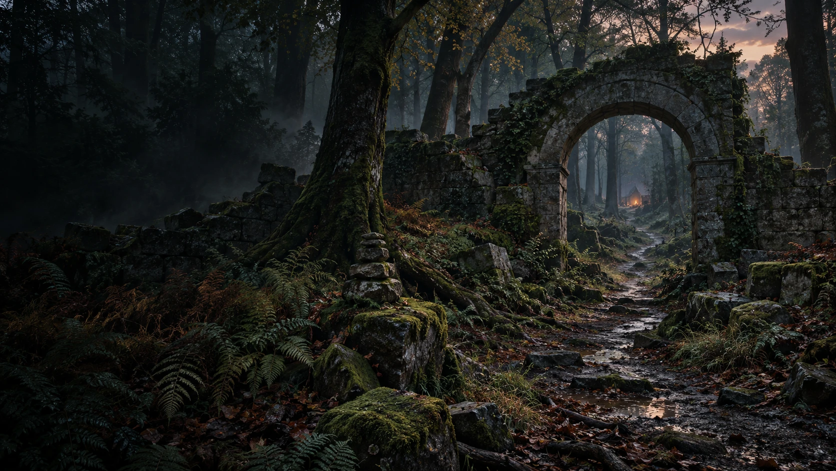 Concept illustration of an overgrown round stone arch framing a woodland path
